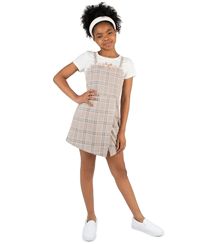 Rare Editions Girls' 7-16 Short-Sleeve T-Shirt and Plaid Woven Overlap Skirt Romper, 2-Piece Set