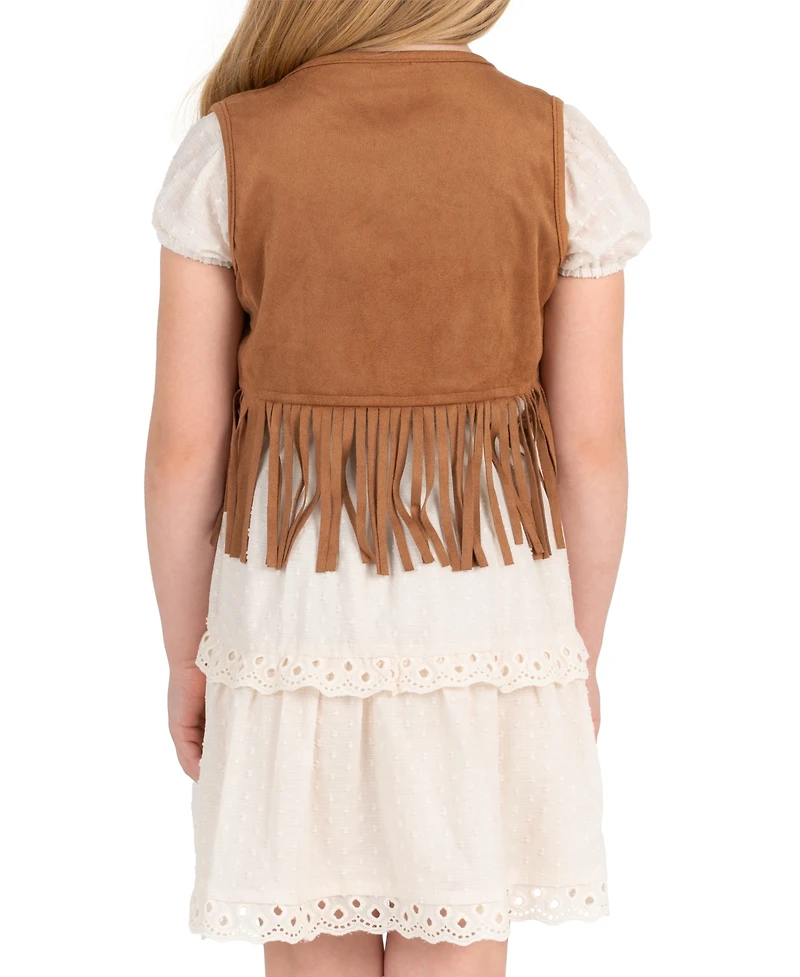 Rare Editions Girls' 4T-6X Suede Fringe Vest and Clip Dot Cotton Puff Sleeve Dress, 2-Piece Set