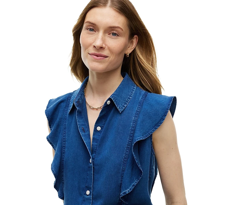 Tommy Hilfiger Women's Chambray Frill Sleeveless Button-Front Shirt