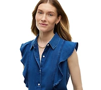 Tommy Hilfiger Women's Chambray Frill Sleeveless Button-Front Shirt