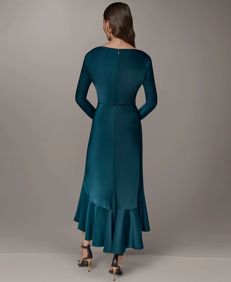 Donna Karan New York Women's Long-Sleeve Satin High-Low Flounce Hem Dress