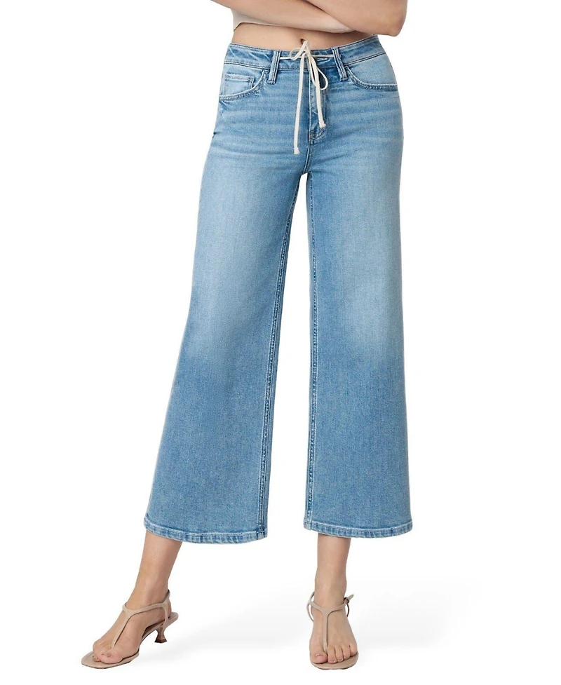 Flying Monkey Women's High Rise Trouser Fold Drawstring Crop Wide Leg Jeans