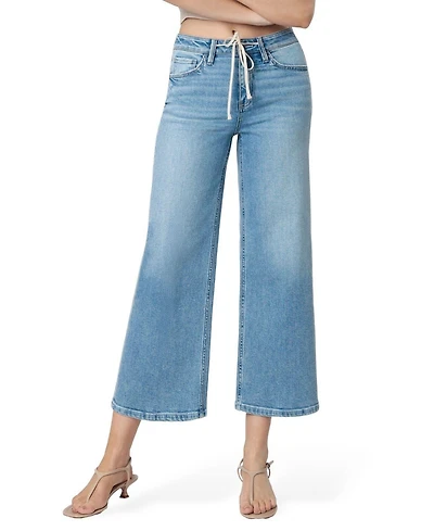 Flying Monkey Women's High Rise Trouser Fold Drawstring Crop Wide Leg Jeans