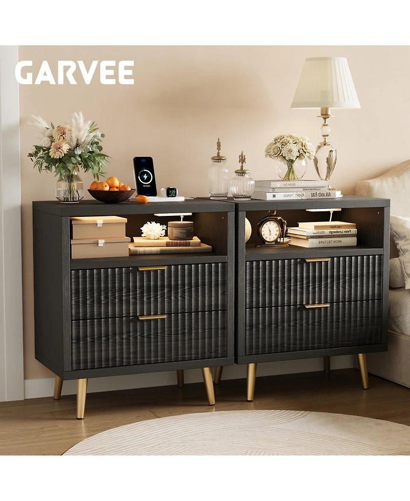 gaomon Fluted Nightstand with Led Lights, 2 Drawer Wood for Bedroom, Modern Bedside Table Storage, Mdf End Living Room