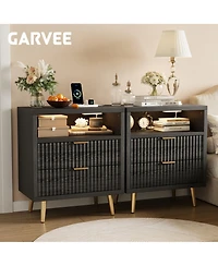 gaomon Fluted Nightstand with Led Lights, 2 Drawer Wood for Bedroom, Modern Bedside Table Storage, Mdf End Living Room