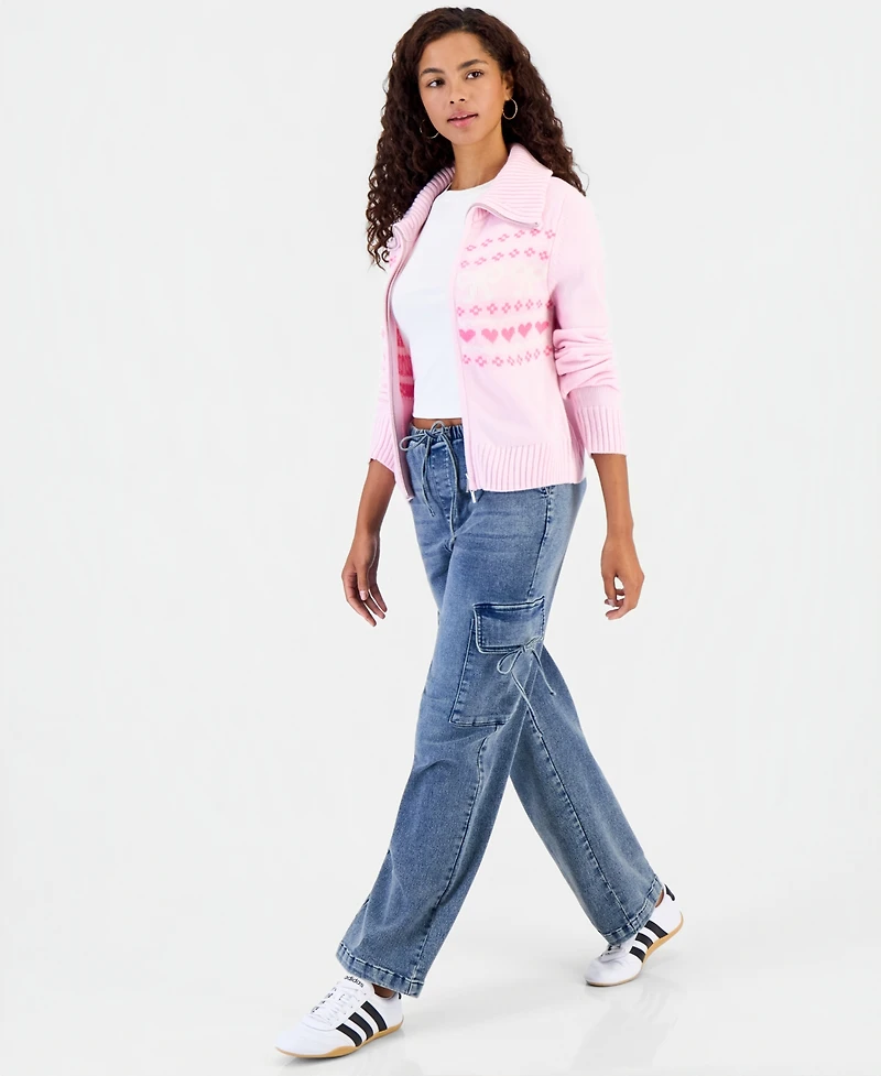Hooked Up by Iot Juniors' Fair Isle Double Zip Cardigan