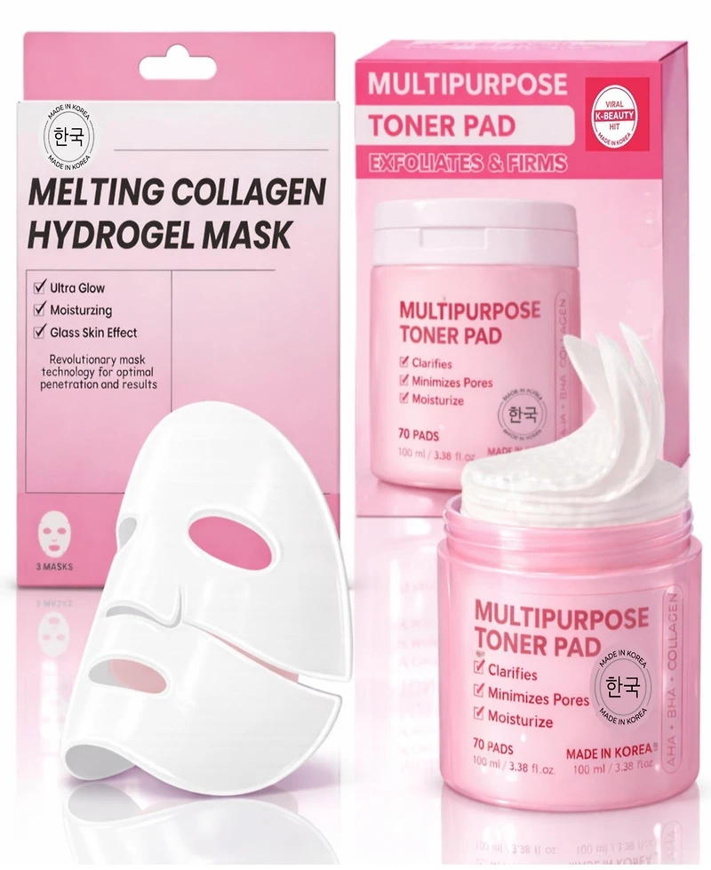 Lovery Korean Beauty and Skincare Glass Skin Renewal Set with Collagen Hydrogel Masks and Multipurpose Toner Pads