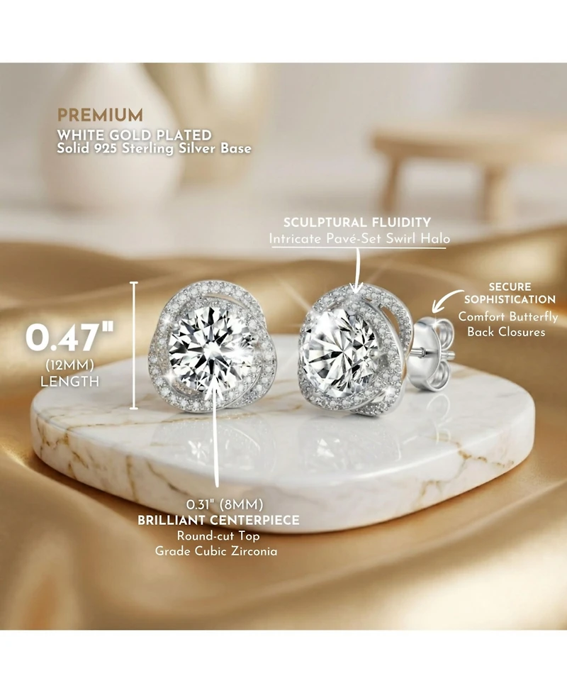 Sterling Silver with Rhodium Plated Clear Round Cubic Zirconia Swirl Halo Stud Earrings