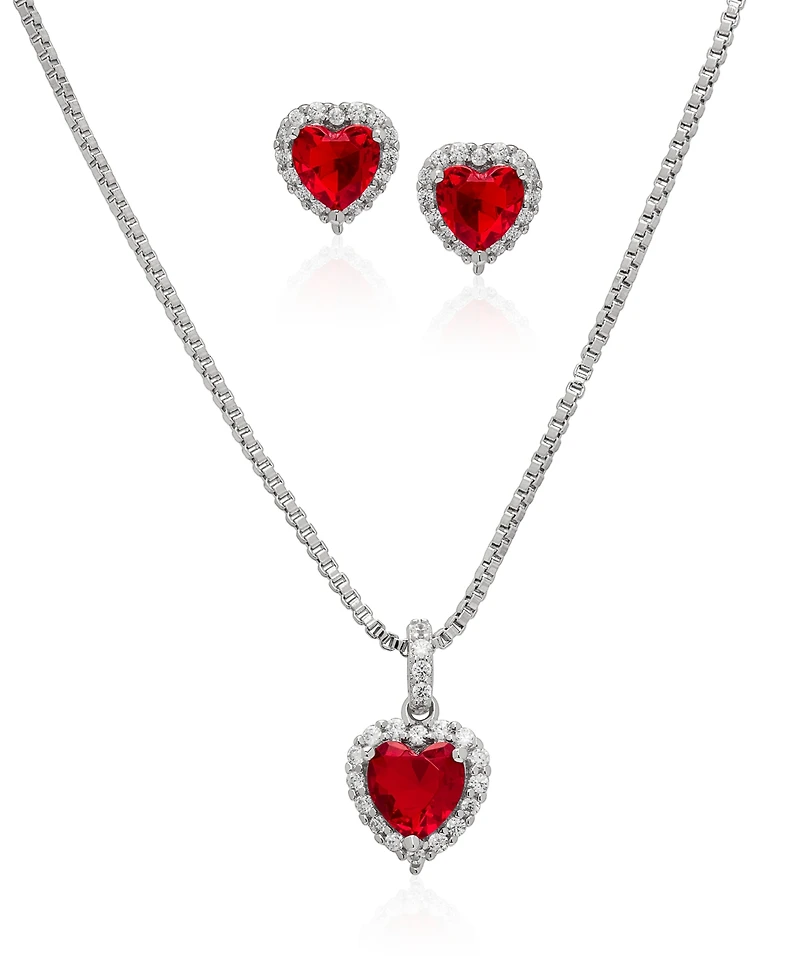 Macy's Simulated Ruby Cubic Zirconia Heart Halo Pendant Necklace with Matching Stud Earrings 2-Piece Set