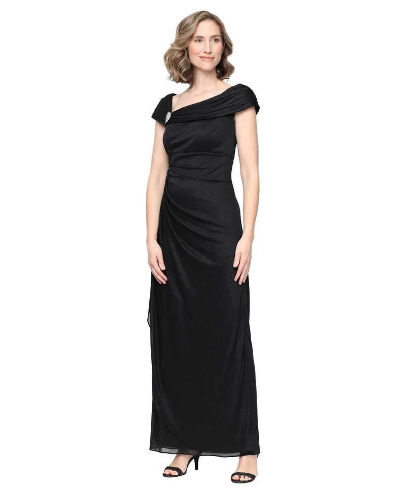 Alex Evenings Petite L-Neck Glitter-Mesh Long Dress