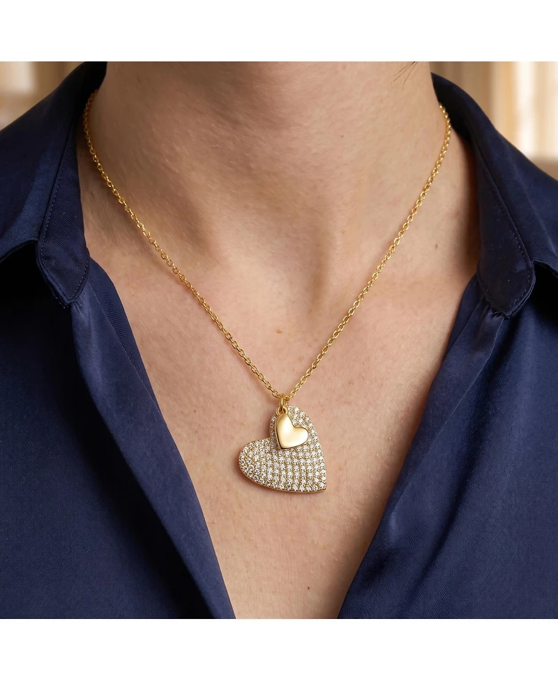 Sterling Silver 14k Yellow Gold Plated with Cubic Zirconia Pave Double Dangle Heart Charm Pendant Layering Necklace