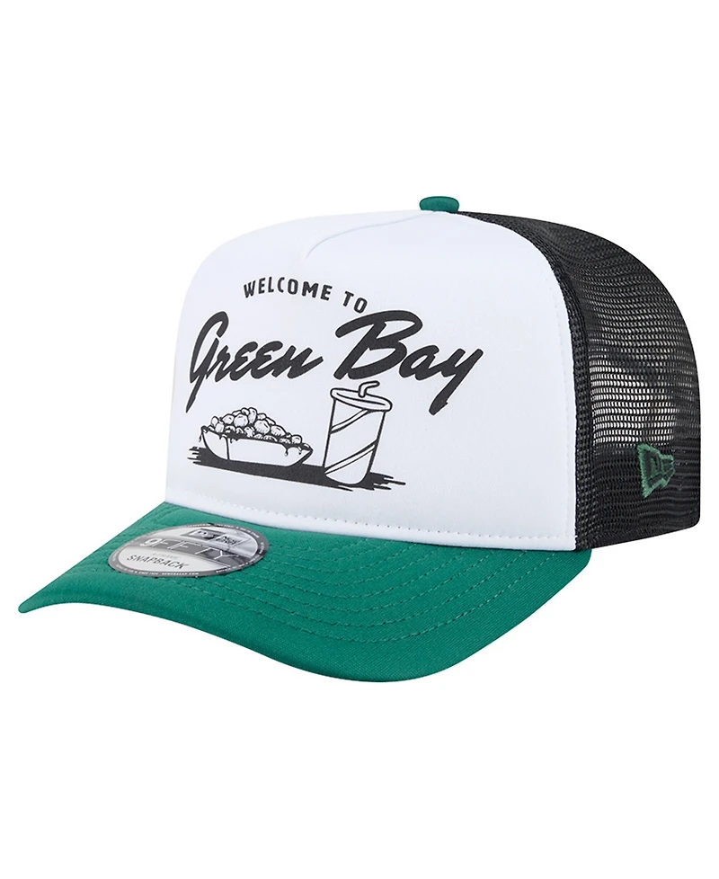 New Era Men's White/Green Green Bay Packers Foodie 9FIFTY A-Frame Trucker Snapback Hat