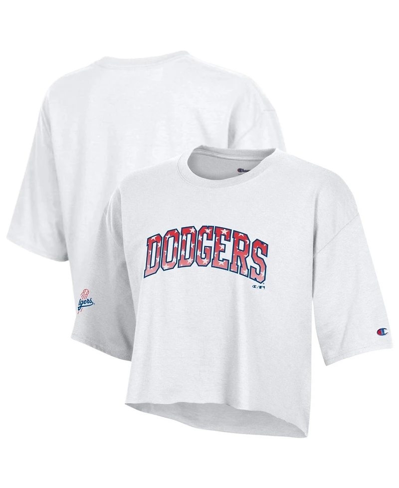 Champion Women's White Los Angeles Dodgers Boyfriend Cropped Americana T-Shirt