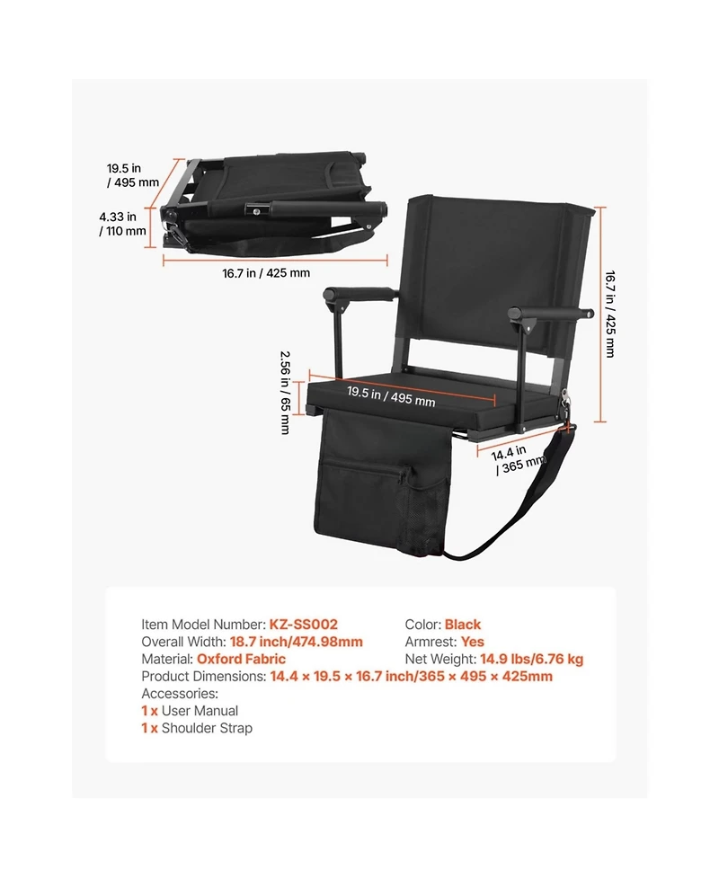 Yiortwo 2-Piece Stadium Seat with Back Support, Armrests, Cushion and Shoulder Strap
