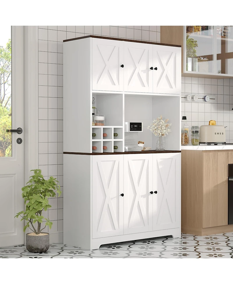 homfan 71-Inch Tall Pantry Cabinet with Wine Rack, Farmhouse Kitchen Hutch with 7 Compartments, for Dining Room and Living Room