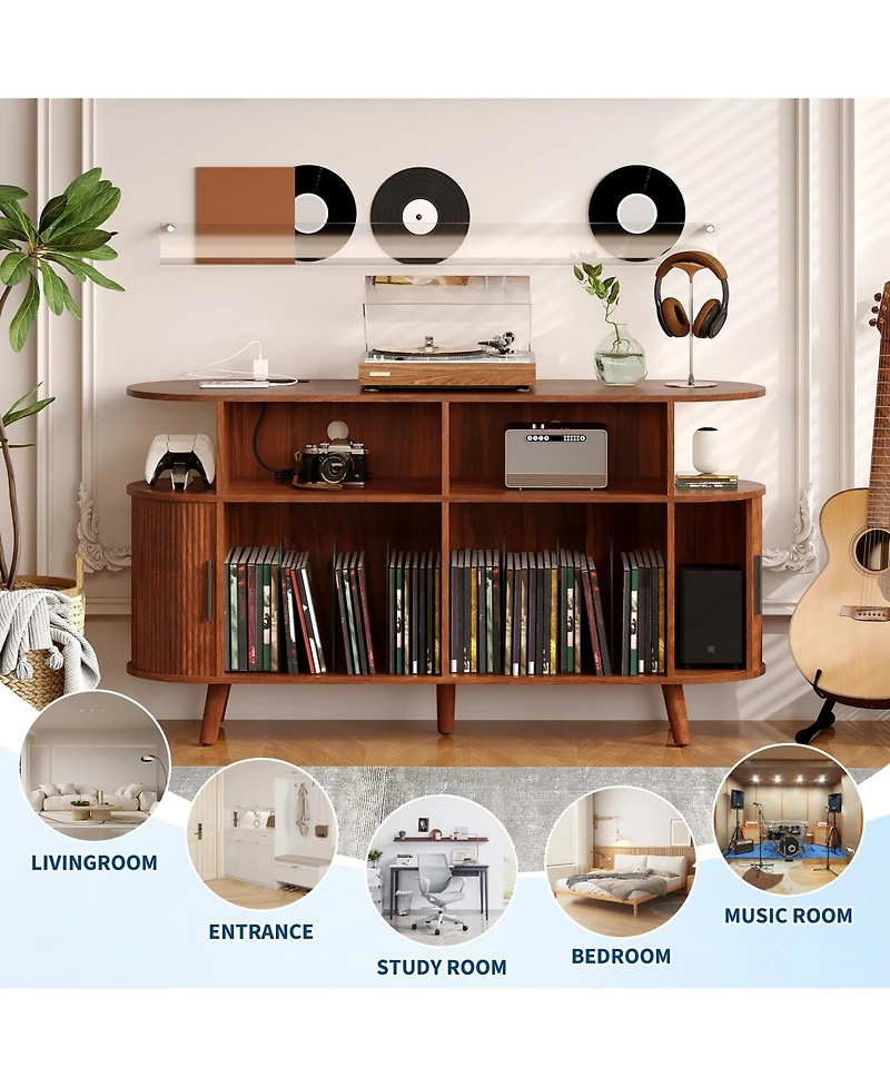 homfan 55 Inches Wide Mid-Century Round Record Player Stand with Charging Station, Usb Ports, and Ample Vinyl Storage