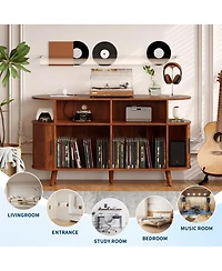 homfan 55 Inches Wide Mid-Century Round Record Player Stand with Charging Station, Usb Ports, and Ample Vinyl Storage