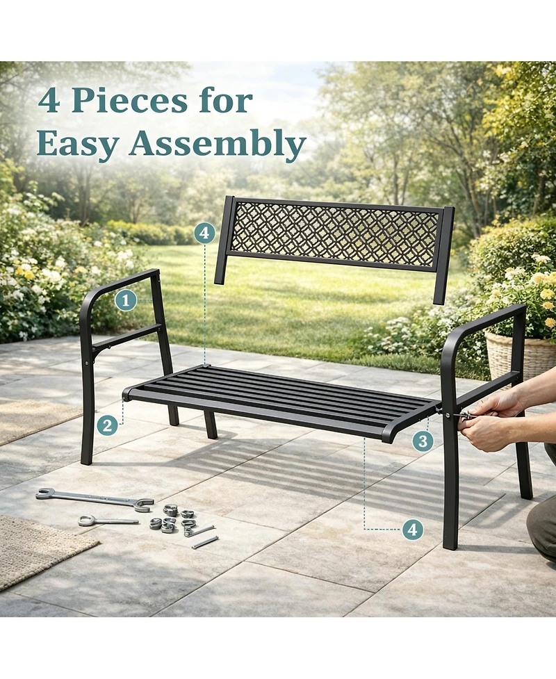 homfan 2-Person Patio Chair Sturdy Weather-Resistant Steel Garden Bench Geometric Backrest, 50" Wide, 790 lbs Capacity