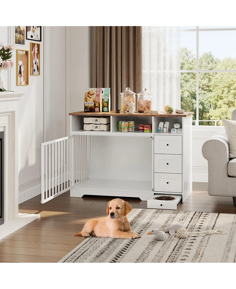 gaomon 48 Inch Dog Crate Furniture with Bowl and Drawers, Farmhouse Medium Small Dog Kennel, Storage Crate Table for Dogs for Living Room