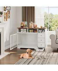 gaomon 48 Inch Dog Crate Furniture with Bowl and Drawers, Farmhouse Medium Small Dog Kennel, Storage Crate Table for Dogs for Living Room
