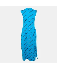 Pre-Owned Balenciaga Women's Logo Print Rib Knit Wrapped Midi Dress