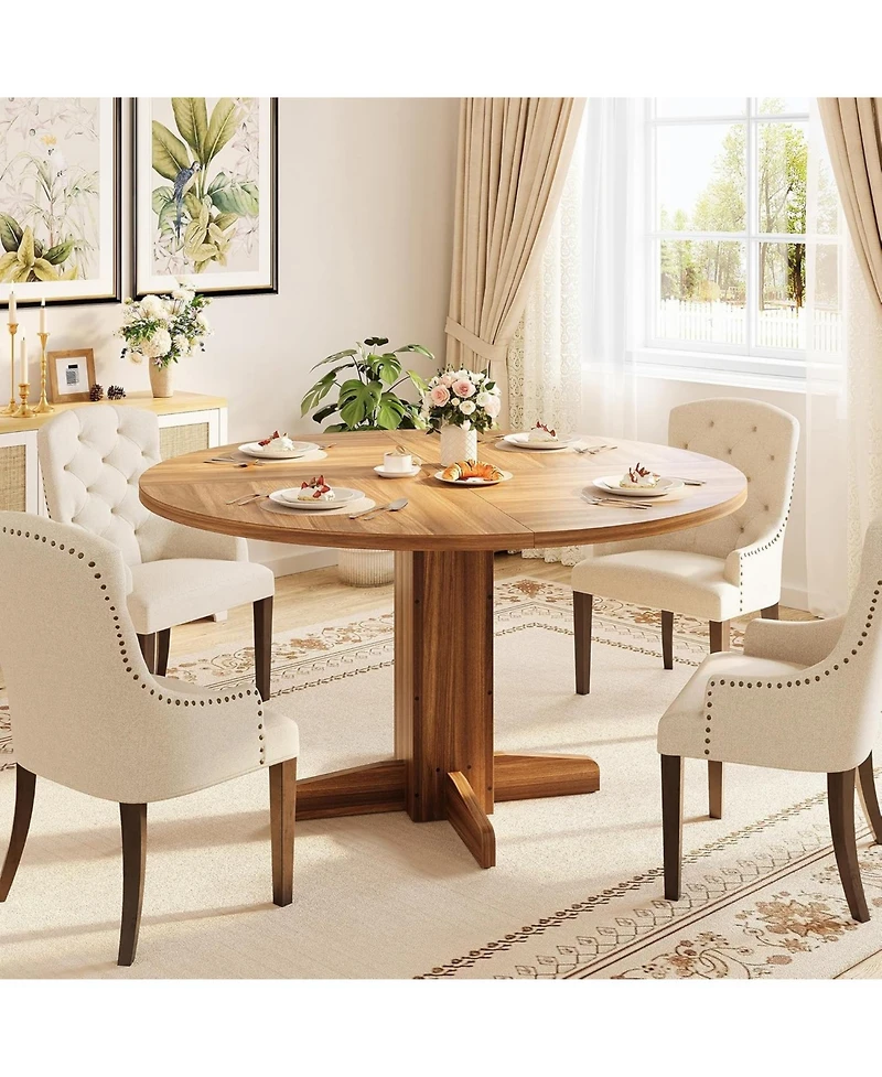 gaomon 47" Round Dining Table for 4-6, Farmhouse Walnut Wood with Sturdy Pedestal Base for Kitchen or Dining Room