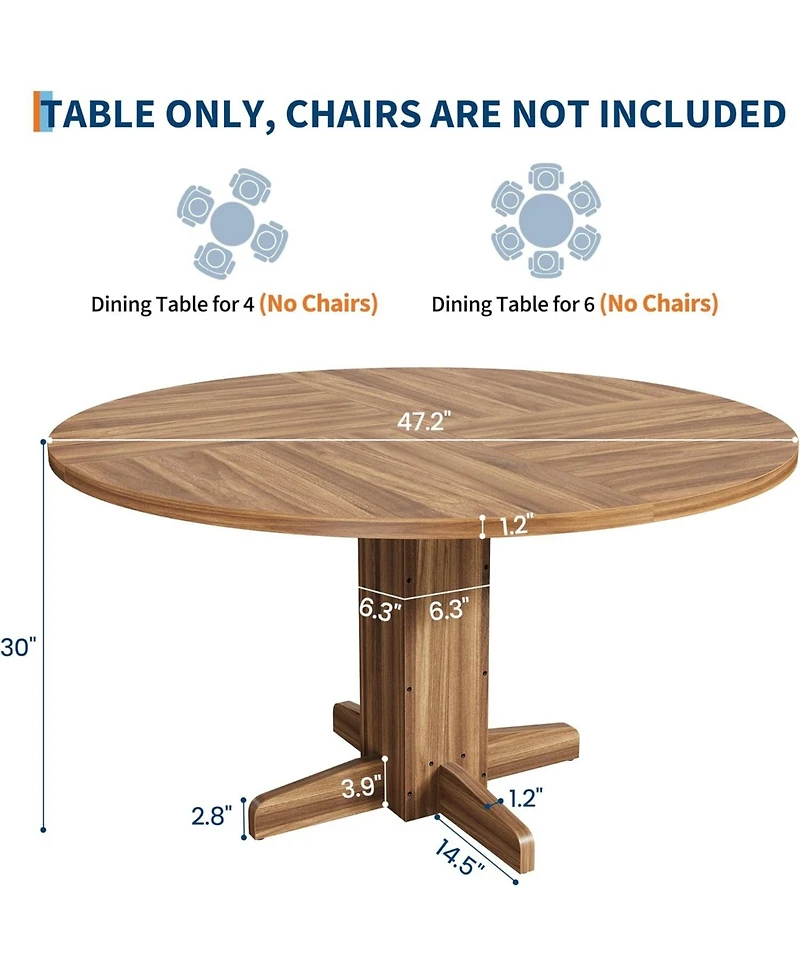 gaomon 47" Round Dining Table for 4-6, Farmhouse Walnut Wood with Sturdy Pedestal Base for Kitchen or Dining Room