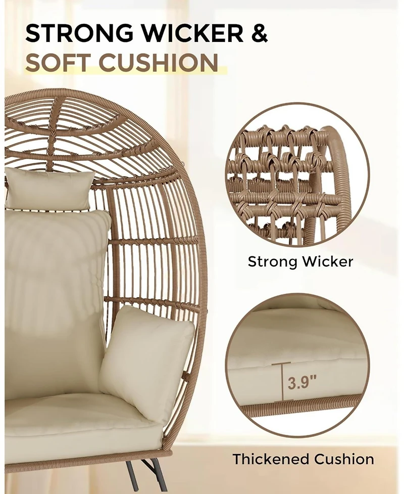 gaomon Oversize Wicker Egg Chair with Ottoman, Shaped Chaise Lounge Thick Cushion for Indoor Outdoor Patio Porch Backyard