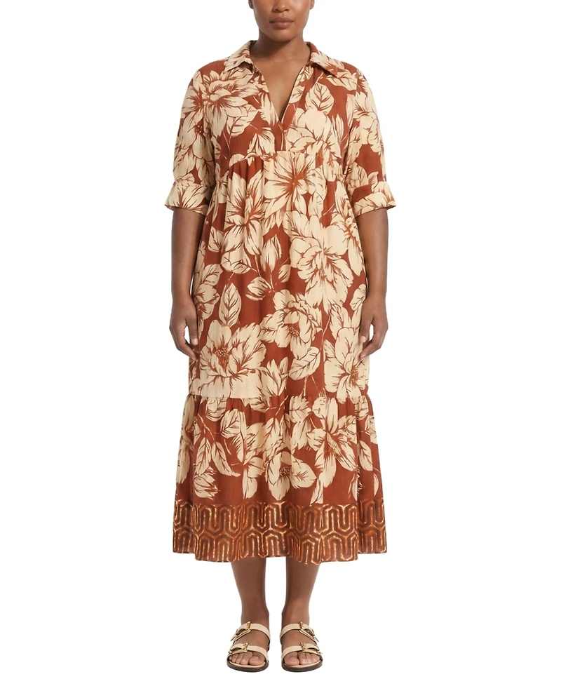 London Times Plus Collared A-Line Midi Dress