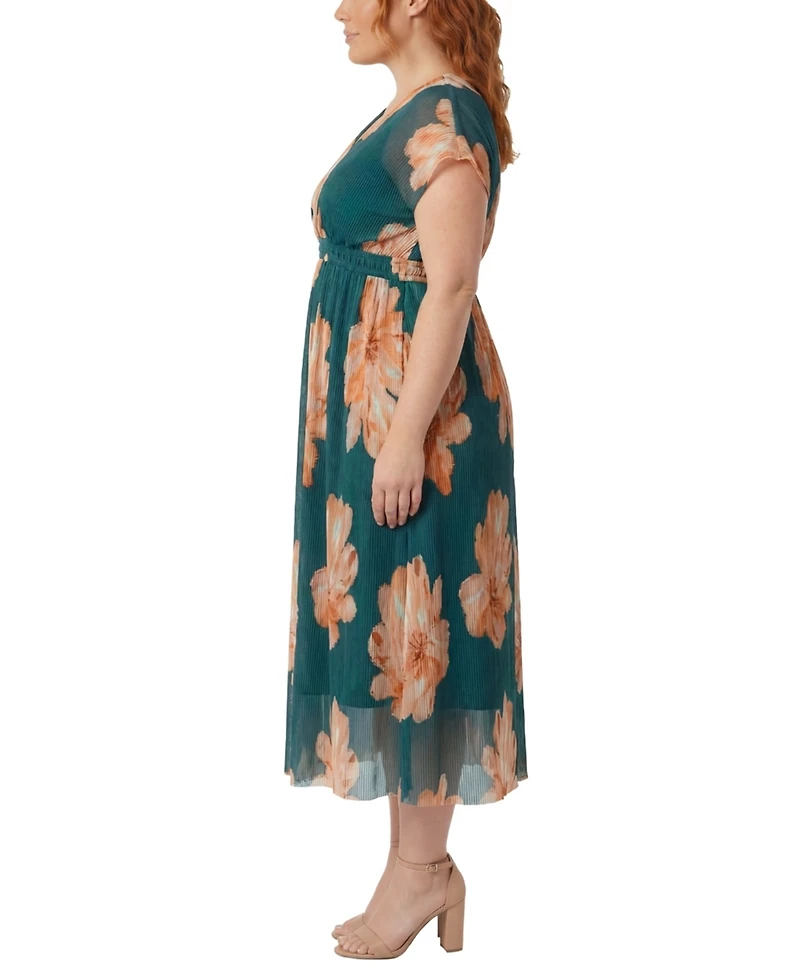 London Times Plus Pleated Surplice-Neck Fit & Flare Dress