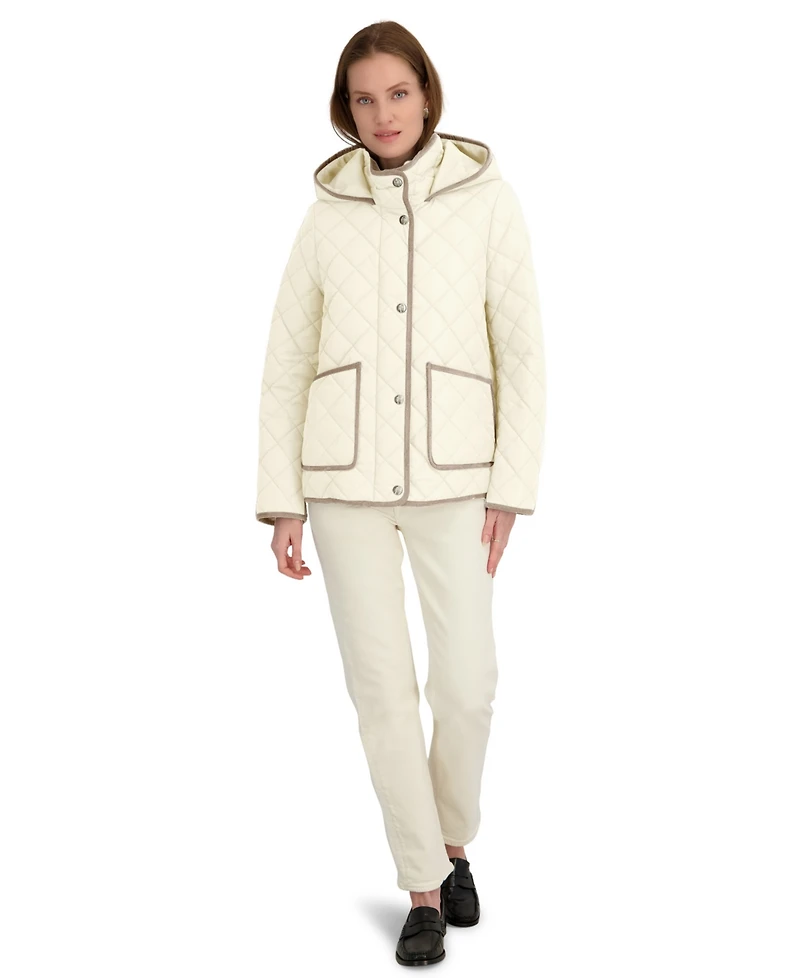 Tahari Women's Hooded Cordouroy Trim Quilted Coat