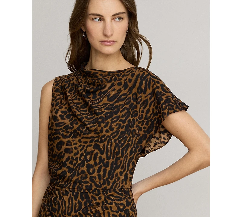 Lauren Ralph Women's Asymmetrical Neck Ocelot-Print Pleated Crepe Dress