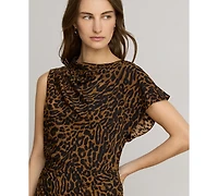 Lauren Ralph Women's Asymmetrical Neck Ocelot-Print Pleated Crepe Dress