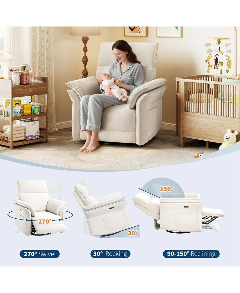 gaomon Power Recliner Glider Chair with Smooth Swivel and Rocking Motion Adjustable Recline Usb Charging Port High-Quality Chenille Fabric