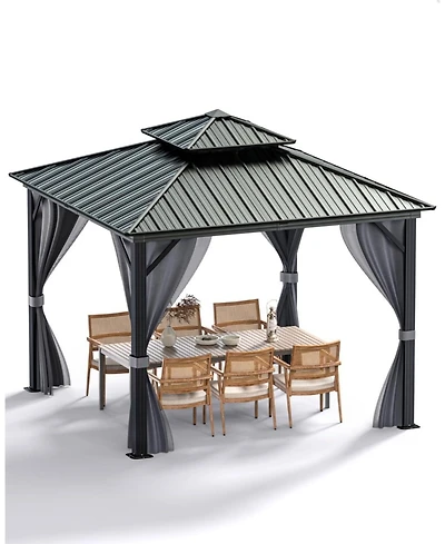 gaomon 10x10 Feet Hardtop Gazebo for All Weather, with Metal Double Roof, Aluminum Alloy Frame, Net, and Curtain, Heavy Duty Building for Patio, Deck