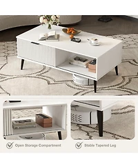 41.34 inch Rectangle Coffee Table, 2-Tier Farmhouse Table with Storage and Sliding Wave Pattern Door, Modern Wood Center Table for Living Room, Office