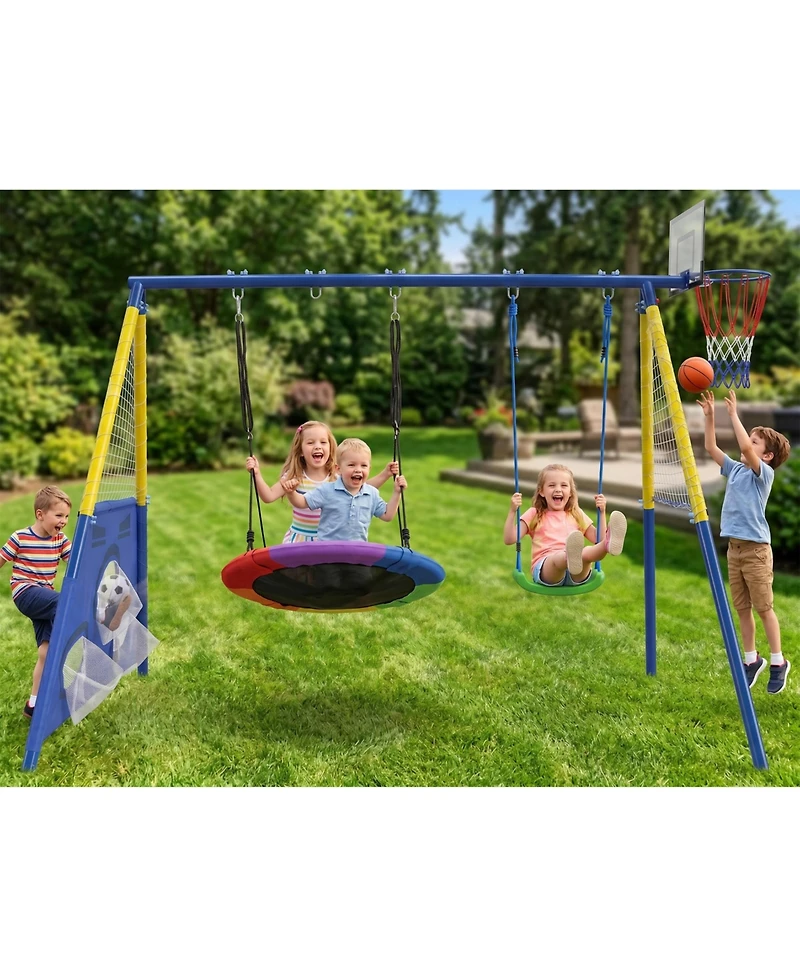 Zeny 5-in-1 Kids Swing Set with Saucer Swing, Belt Swing, Basketball Hoop , Heavy Duty Metal Frame Backyard Playground for Toddlers and Kids