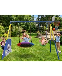 Zeny 5-in-1 Kids Swing Set with Saucer Swing, Belt Swing, Basketball Hoop , Heavy Duty Metal Frame Backyard Playground for Toddlers and Kids