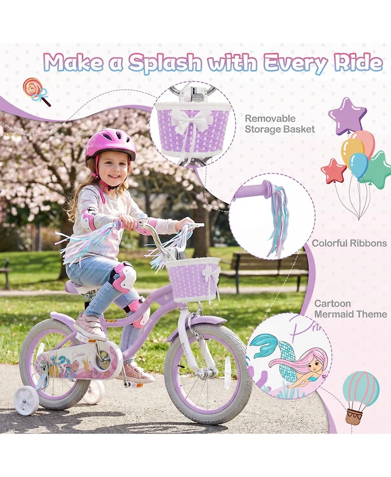 Slickblue Adjustable Mermaid-Inspired Princess Bike with Basket & Streamers, 14", 110 Lbs., Ages 3+