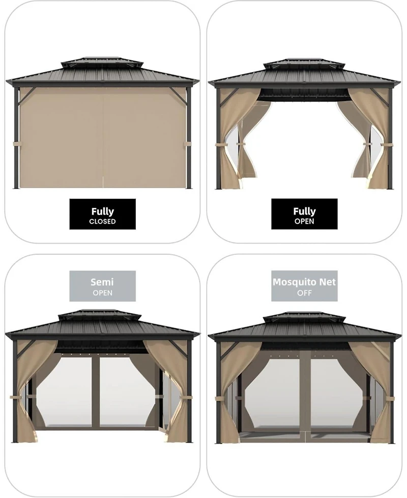 gaomon Hardtop Gazebo 10 ft x14 ft for All Weather, with Double Metal Roof, Aluminum Alloy Frame, Net, and Curtain, Permanent Building for Patio, Deck