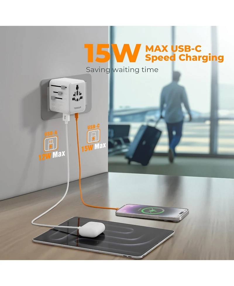 Tessan 28W Universal Travel Adapter, Worldwide Plug, 3 Usb-c & 2 Usb-a Ports for Us, Europe, Uk, Italy and Ireland