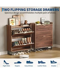 homfan Shoe Storage Cabinet with 2 Flip Drawers, Narrow Wood Hidden Fluted Shoe Rack Organizer Cabinet for Entryway
