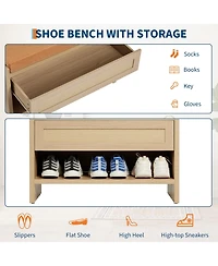 homfan Rattan Entryway Shoe Bench with Storage Drawer and Linen Cushion – Wooden Open Shelf Comfortable Seat
