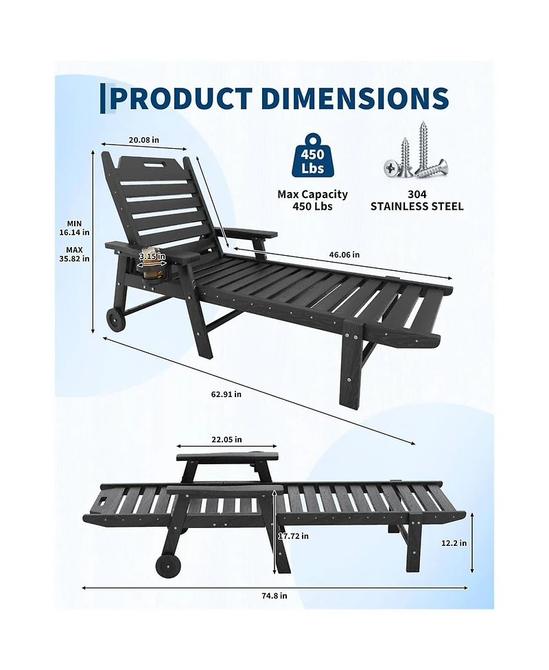 gaomon All-Weather Chaise Hdpe Lounge Chair, Built-in Cup Holder and Rolling Wheels for Patio, Poolside, Deck, Backyard
