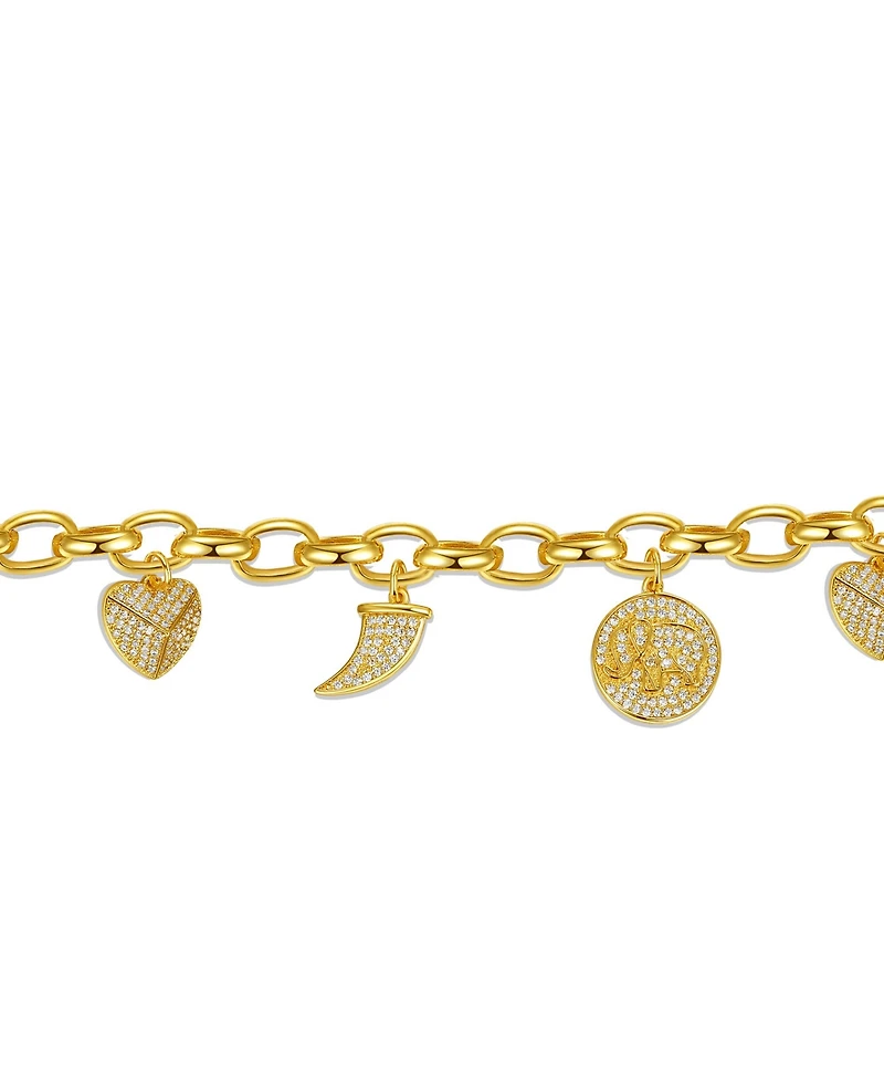 Gigi Girl Kids/Young Teens 14k Yellow Gold Plated with Cubic Zirconia Tusk, Elephant & Heart Dangle Charm Adjustable Bracelet