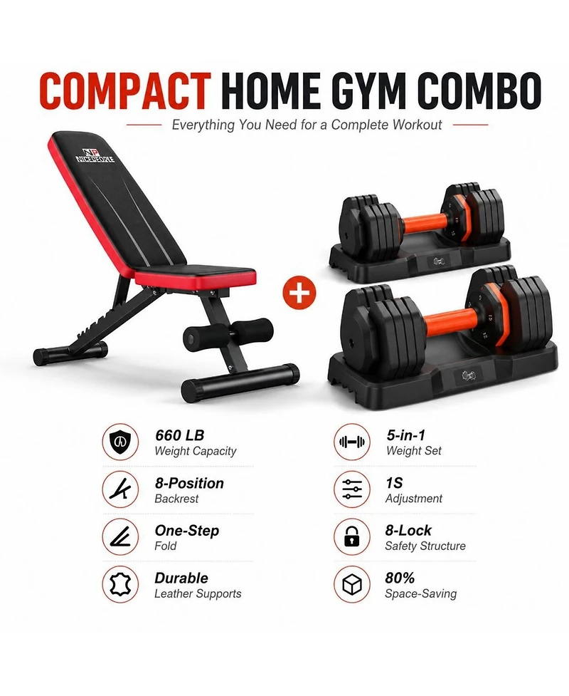 Fed Fitness Adjustable Weight Bench and Dumbbell Set, 660 Lbs Capacity, 25LB Pair (50LB Total) with Storage Box for Full Body Workout