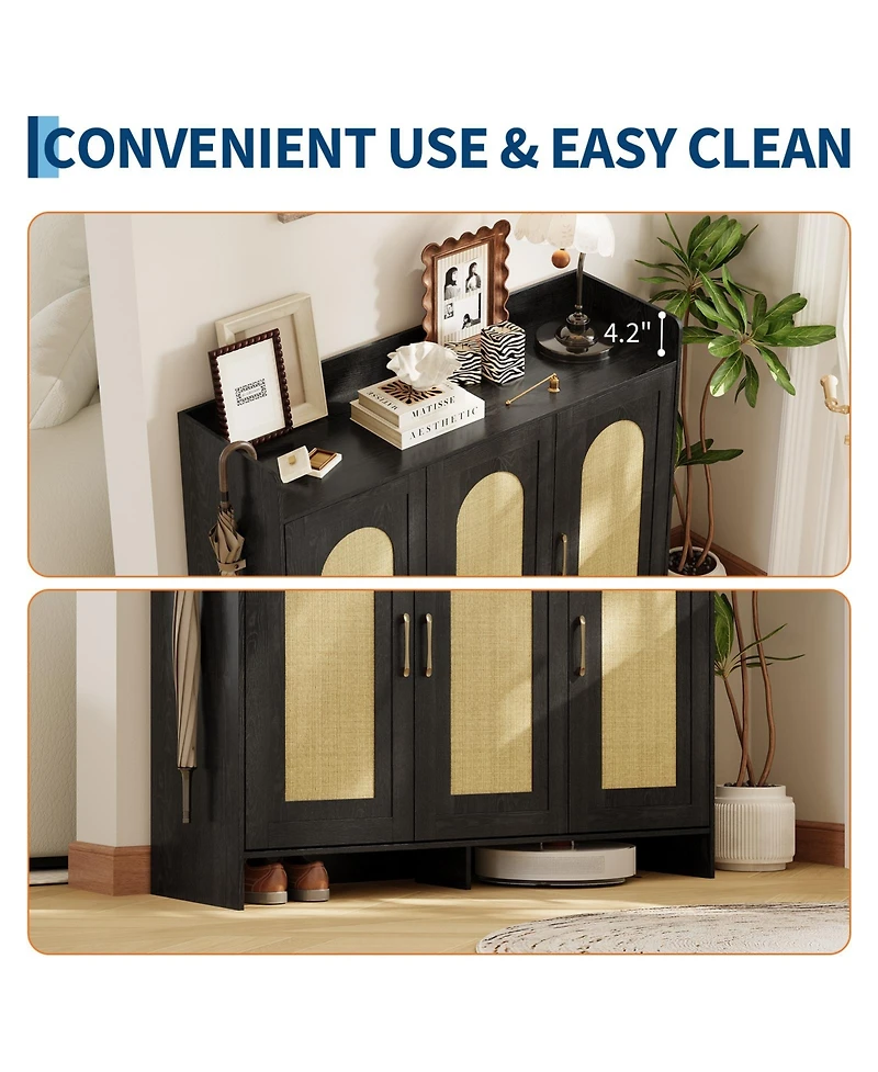 gaomon Shoe Cabinet Storage for Entryway, Rattan Cabinet, Wooden Rack with 3 Doors