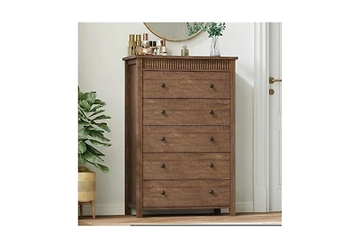 homfan Fluted Nightstand with 5 Drawers – Modern Wooden Bedside Table with Storage, Night Stand for Bedroom