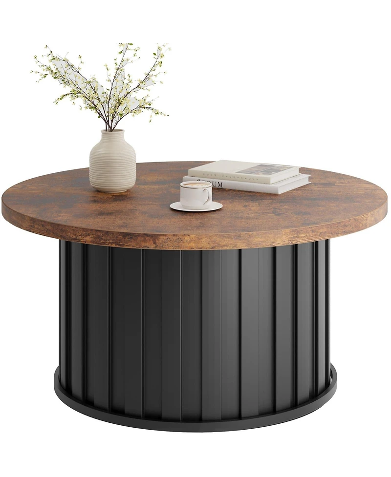 homfan 31.9" Round Coffee Table – Mid-Century Modern with Fluted Texture and Metal Base, Living Room Apartment Small Space