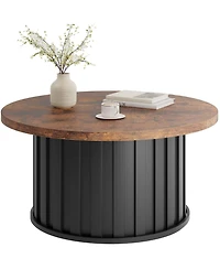 homfan 31.9" Round Coffee Table – Mid-Century Modern with Fluted Texture and Metal Base, Living Room Apartment Small Space